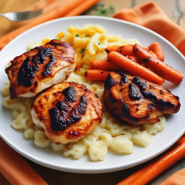 Grilled BBQ Chicken Breasts with Honey-Glazed Carrots and Garlic Mashed Potatoes